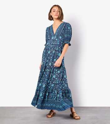 Apricot Blue Floral Border Print Midi Shirt Dress