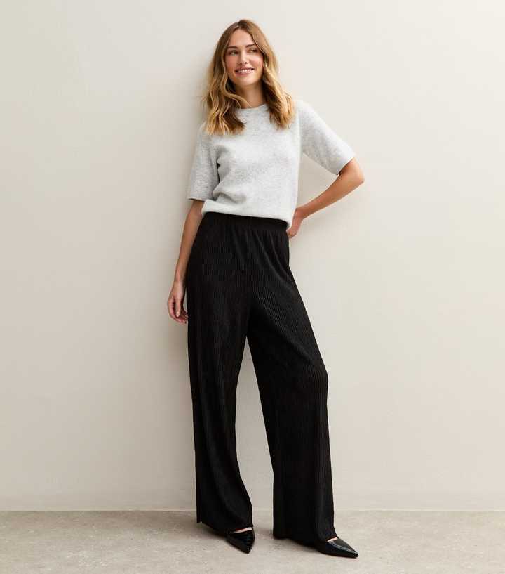 Black Textured Jersey Wide Leg Trousers