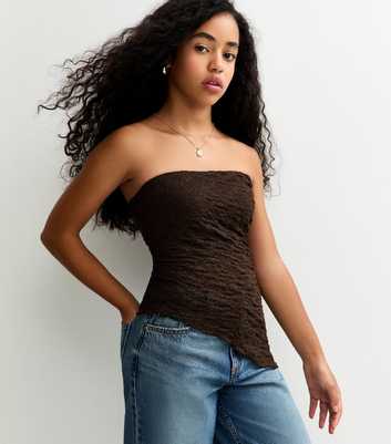 Girls Dark Brown Jersey Lace Asymmetric Bandeau Top