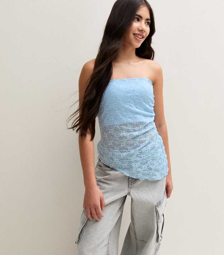 Girls Blue Jersey Lace Asymmetric Bandeau Top