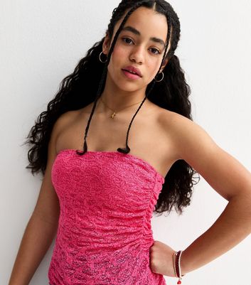 Girls Dark Pink Jersey Lace Asymmetric Bandeau Top