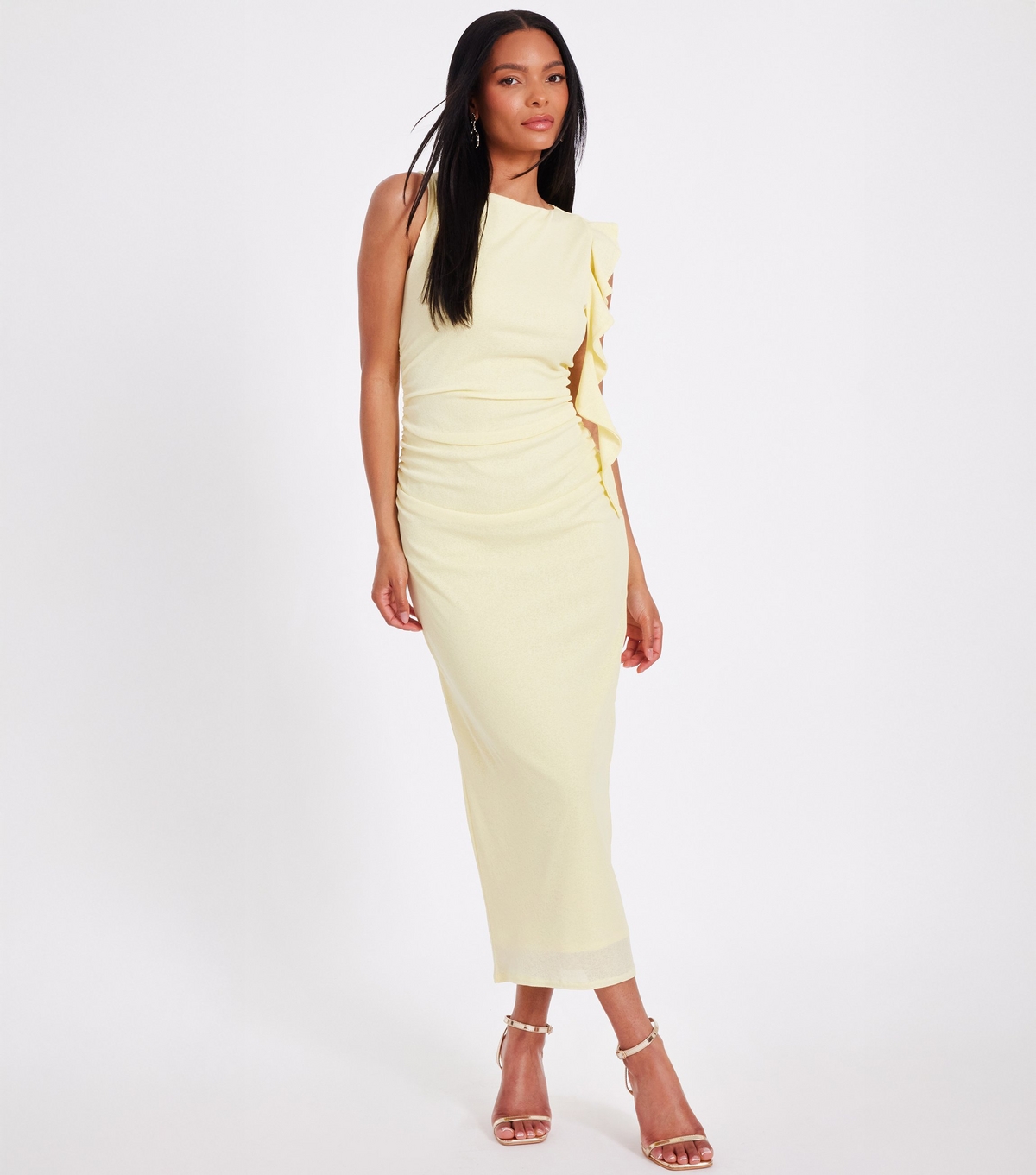 Women's Yellow Frill Trim Ruched Midi Dress Quiz New Look
