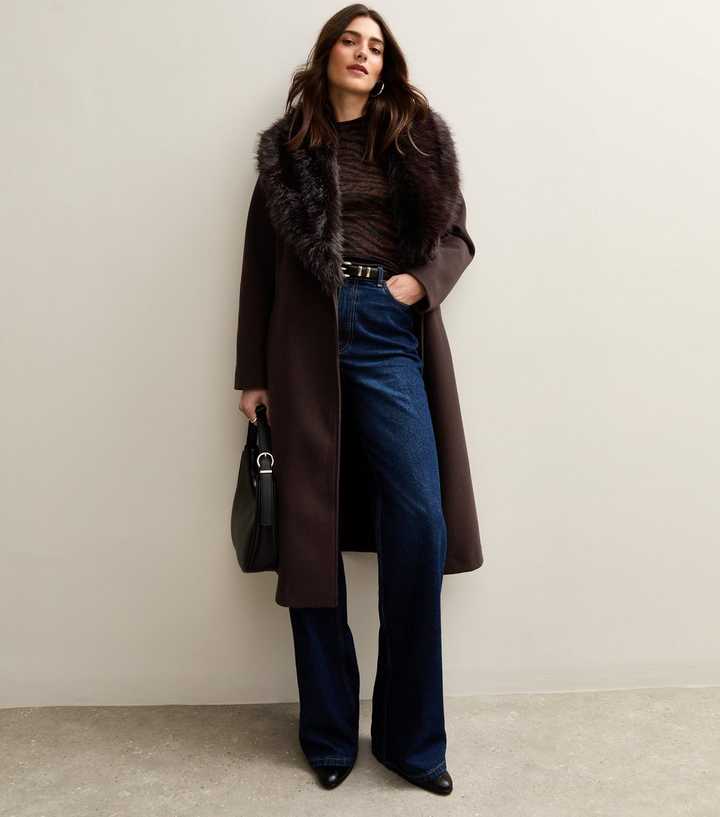 Brown Faux Fur Collar Belted Coat