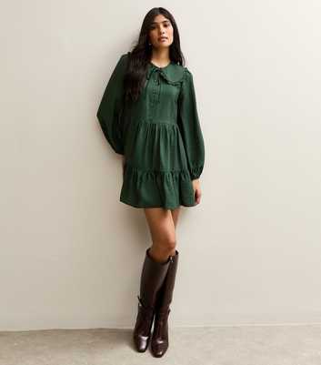 Dark Green Oversized Collar Mini Smock Dress