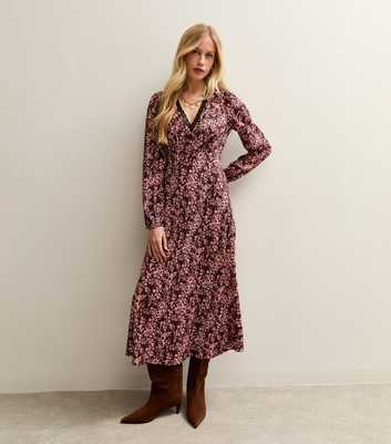 Pink Burgundy Floral Print Midi Dress