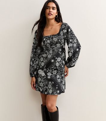 Black Paisley Print Long Sleeve Milkmaid Mini Dress | New Look Black Paisley Print Long Sleeve Milkmaid Mini Dress | New Look