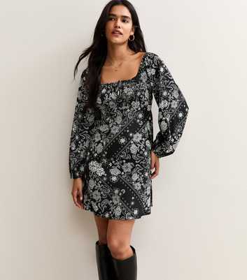 Black Paisley Print Long Sleeve Milkmaid Mini Dress