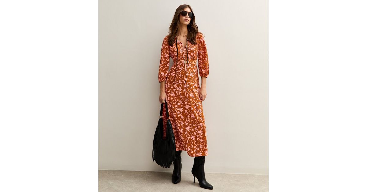 new look tie sleeve dress in orange ditsy pattern Orange Floral Print Tie Neck MIdi Dress
