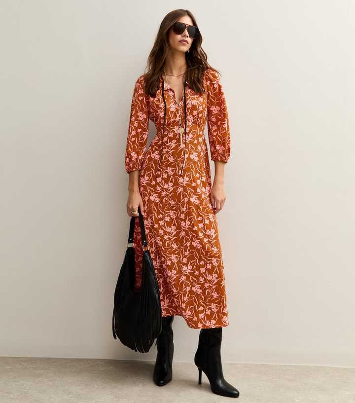 Orange Floral Print Tie Neck MIdi Dress | New Look