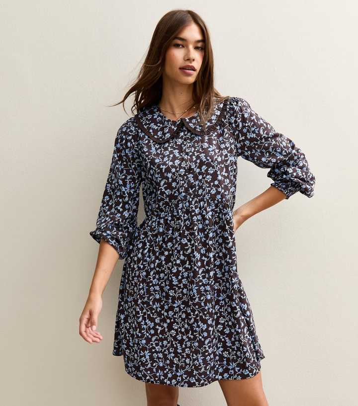 Brown Floral Collar Long Sleeve Skater Mini Dress