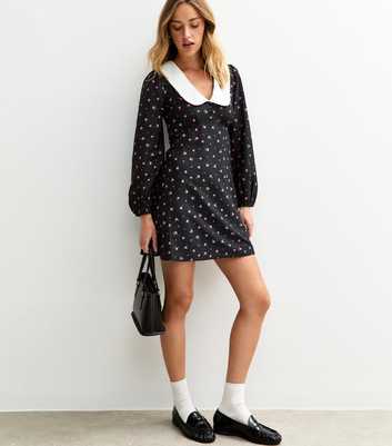 Black Floral Print Contrast Collar Mini Dress