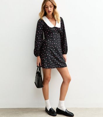 Black Floral Print Contrast Collar Mini Dress | New Look