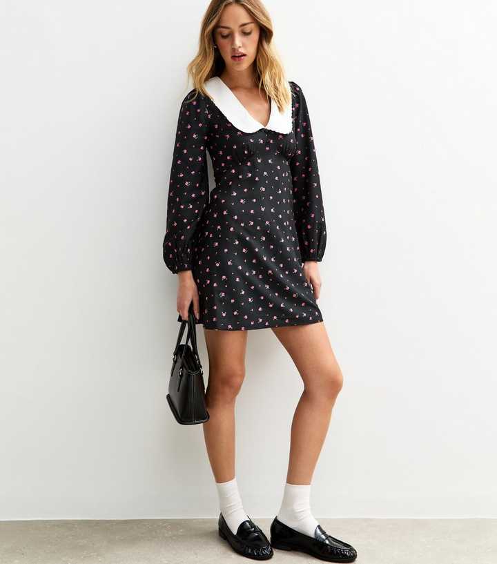 Black Floral Print Contrast Collar Mini Dress