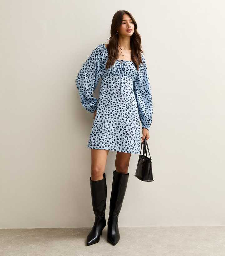 Blue Long Sleeve Floral Print Milkmaid Mini Dress | New Look