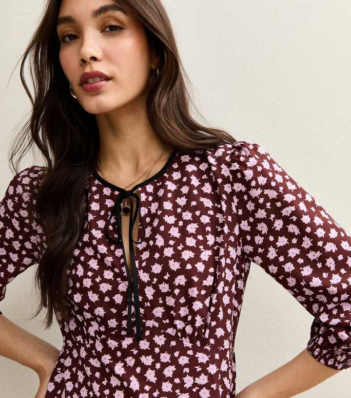 Brow Floral Print Tie Neck Midi Dress