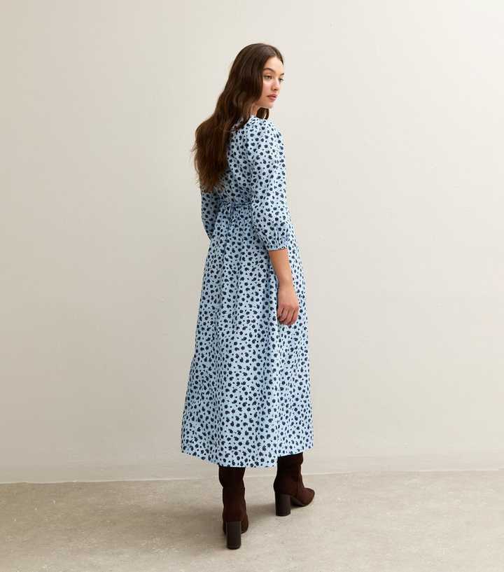 new look blue floral midi dress Blue Floral Short Sleeve Midi Dress