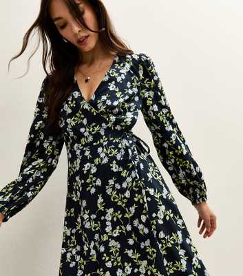 Blue Crepe Floral Print Wrap Midi Dress