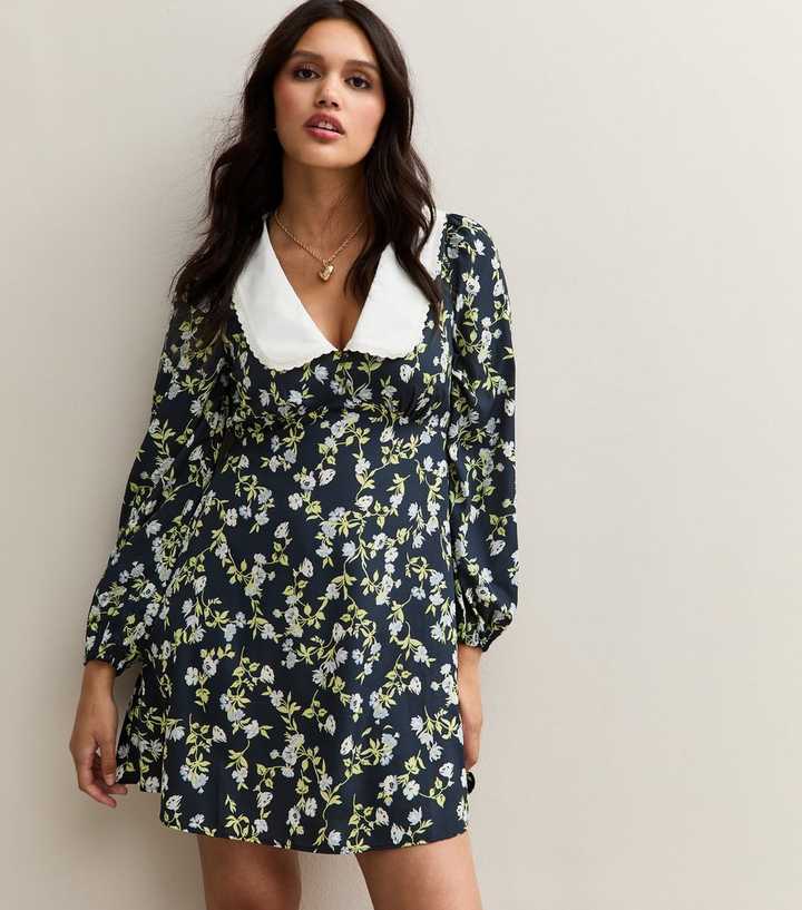 Blue Floral Print Contrast Collar Mini Dress