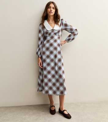 Blue Checked Contrast Collar Midi Dress