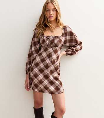 Brown Checked Print Long Sleeve Mini Dress