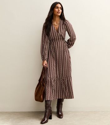 Brown Geometric Print Tiered Midi Wrap Dress New Look