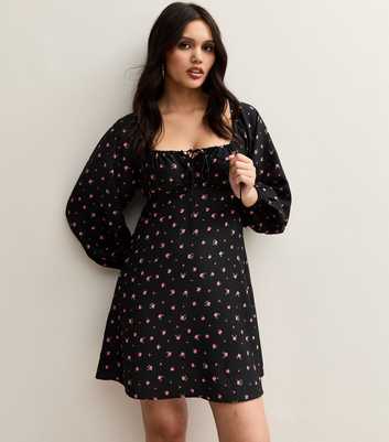 Black Crepe Rose Print Milkmaid Mini Dress