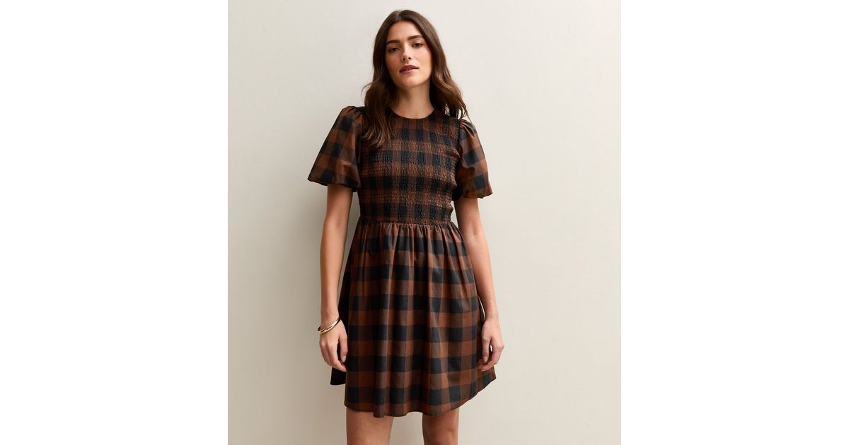 Brown Check Shirred Bodice Mini Dress | New Look