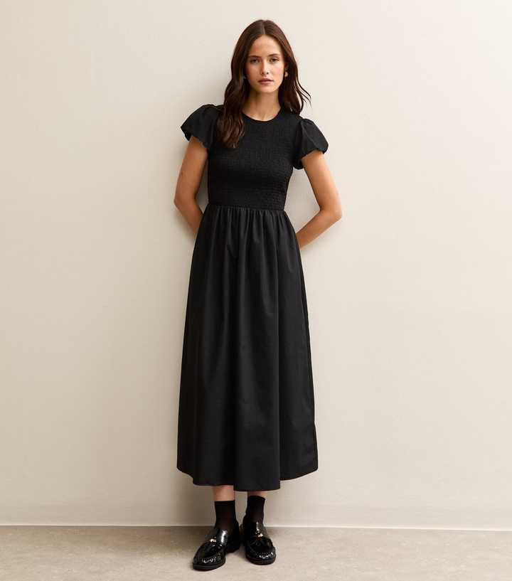 Black Shirred Puff Sleeve Midi Dress
