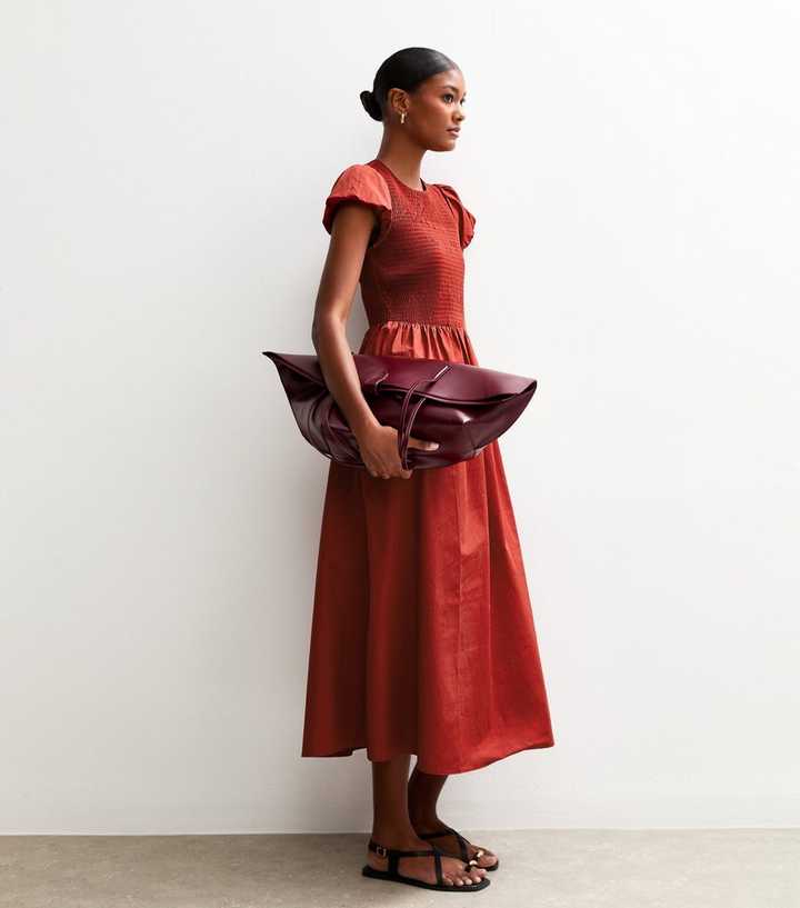 Dark Red Shirred Puff Sleeve Midi Dress