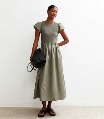 Light Khaki Shirred Puff Sleeve Midi Dress