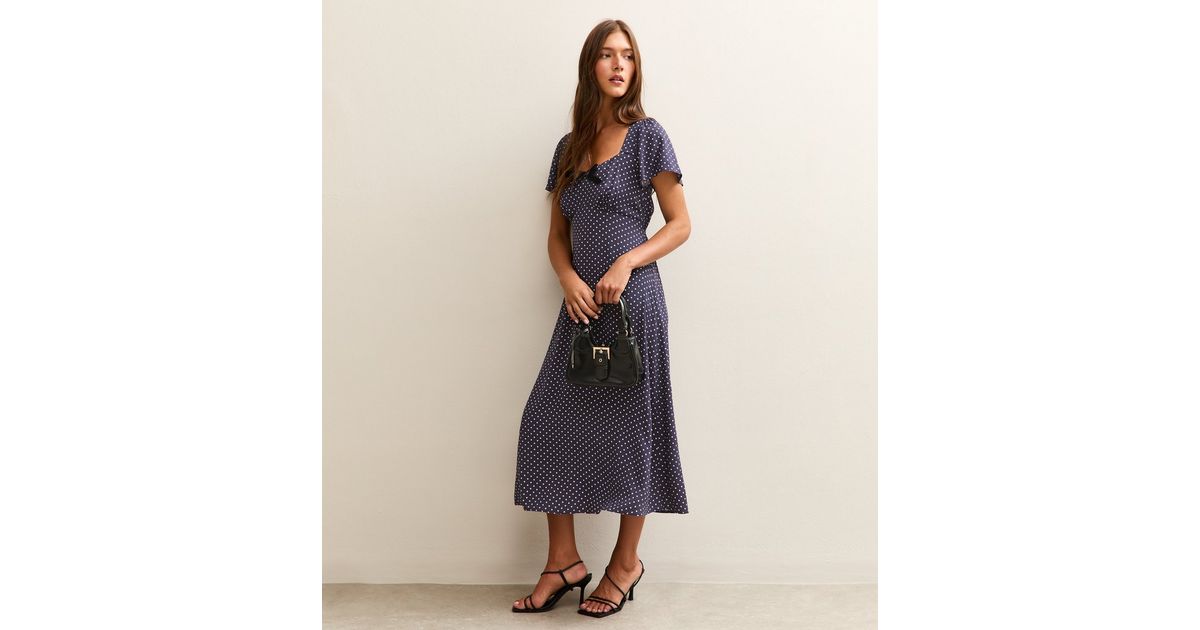 Blue Spot Print Velvet Bow Trim Midi Dress | New Look