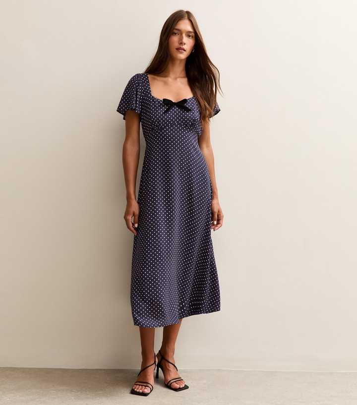 Blue Spot Print Velvet Bow Trim Midi Dress | New Look