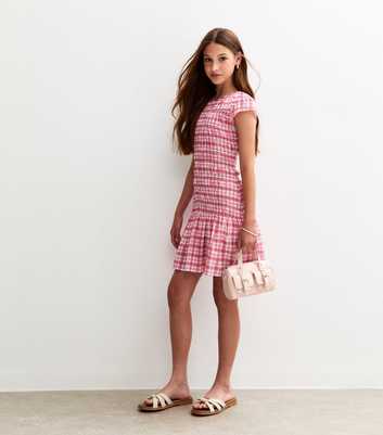 Girls Pink Check Pattern Short Sleeve Shirred Dress