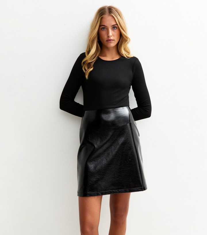 Tall Black Long Sleeve Vinyl Skirt 2 In 1 Mini Dress | New Look