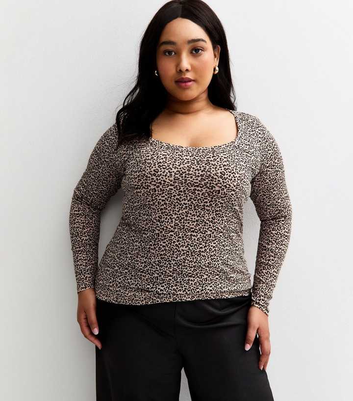 Curves Brown Ribbed Leopard Print Long Sleeve Top