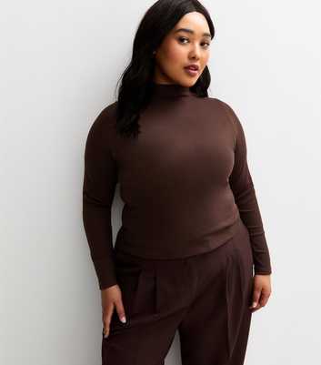 Curves Dark Brown Long Sleeve High Neck Top