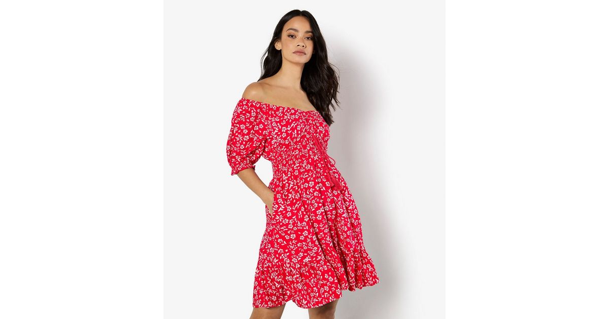 Apricot Red Floral Print Bardot Mini Dress | New Look