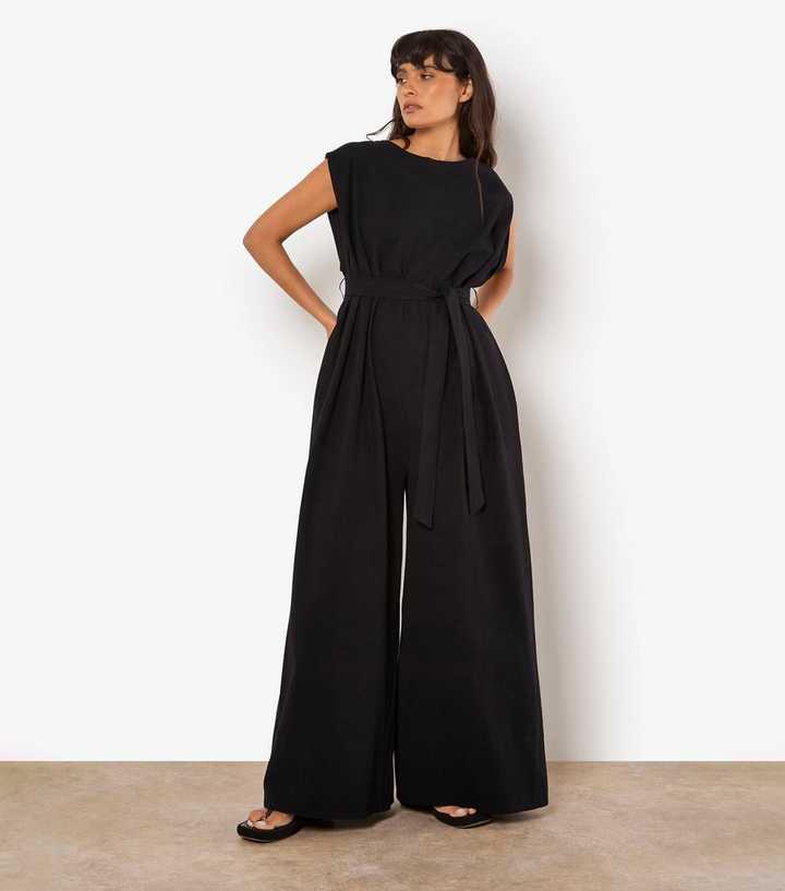 Apricot Black Belted Low Back Jumpsuit 