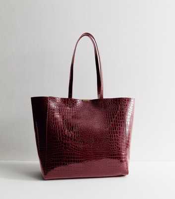 Burgundy Faux Patent Leather Crocodile Effect Tote