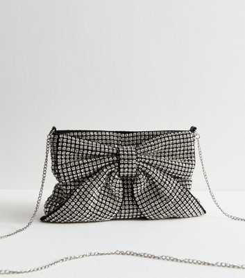 Silver Rhinestone Embellished Bow Appliqued Clutch