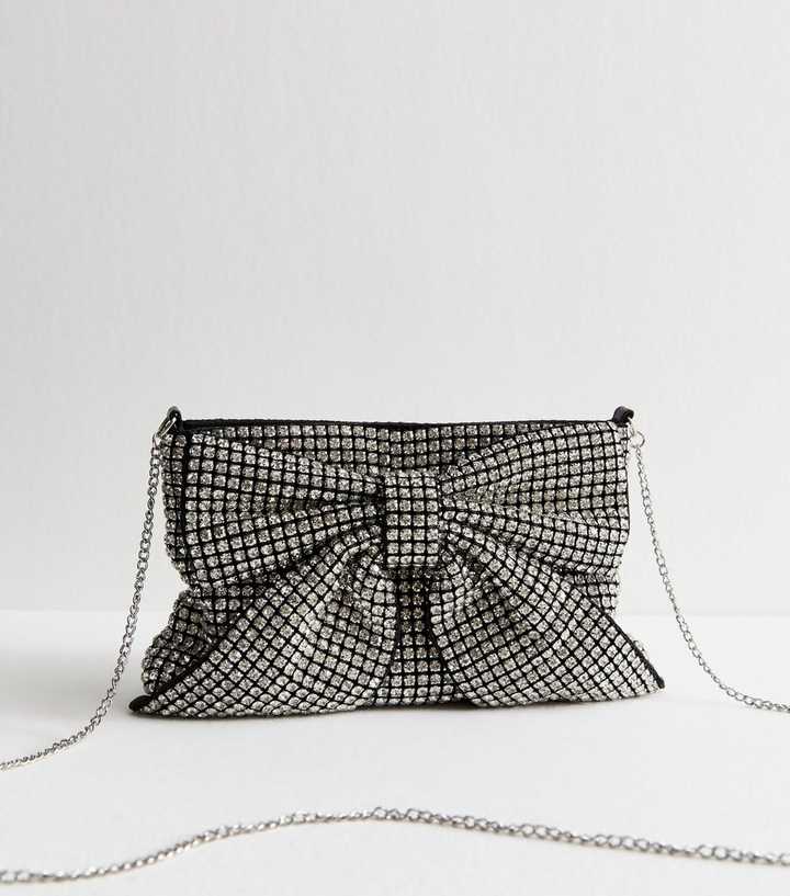 Silver Rhinestone Embellished Bow Appliqued Clutch