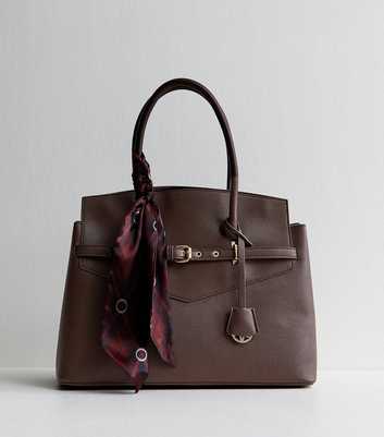 Dark Brown Faux Leather Belted Scarf Tote Bag