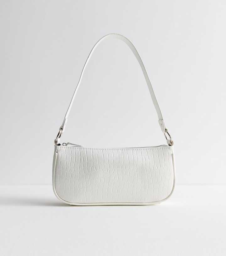 White Faux Leather Crocodile Embossed Shoulder Bag