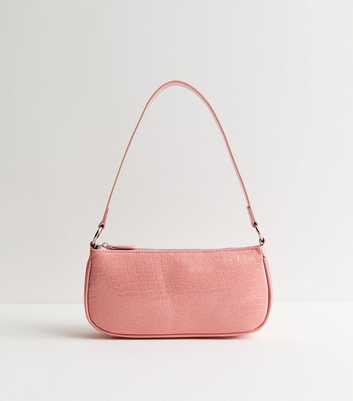 Light Pink Faux Leather Crocodile Embossed Shoulder Bag