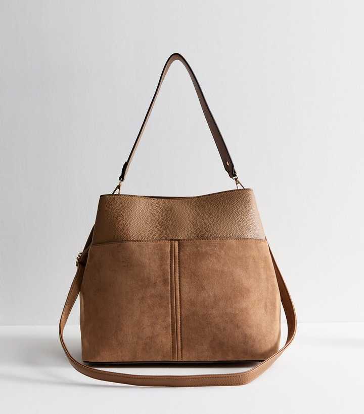 Camel Faux Suede Triple Compartment Shoulder Bag