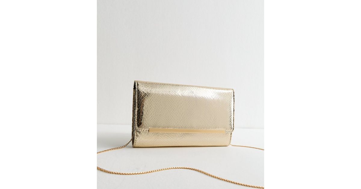 Gold Metallic Bar Snakeskin Texture Clutch New Look