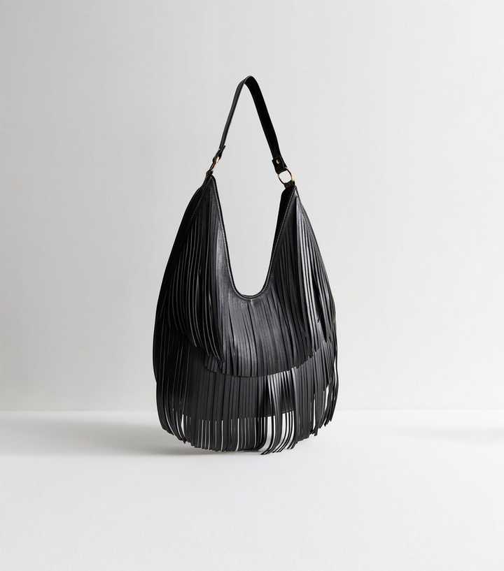 Black Faux Leather Fringe Scoop Shoulder Bag