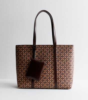 Brown Faux Leather Geometric Printed Tote Bag