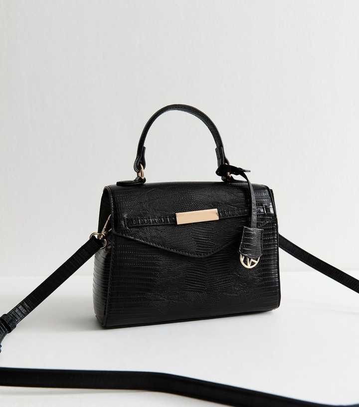 Black Faux Leather Textured Top Handle Tote Bag