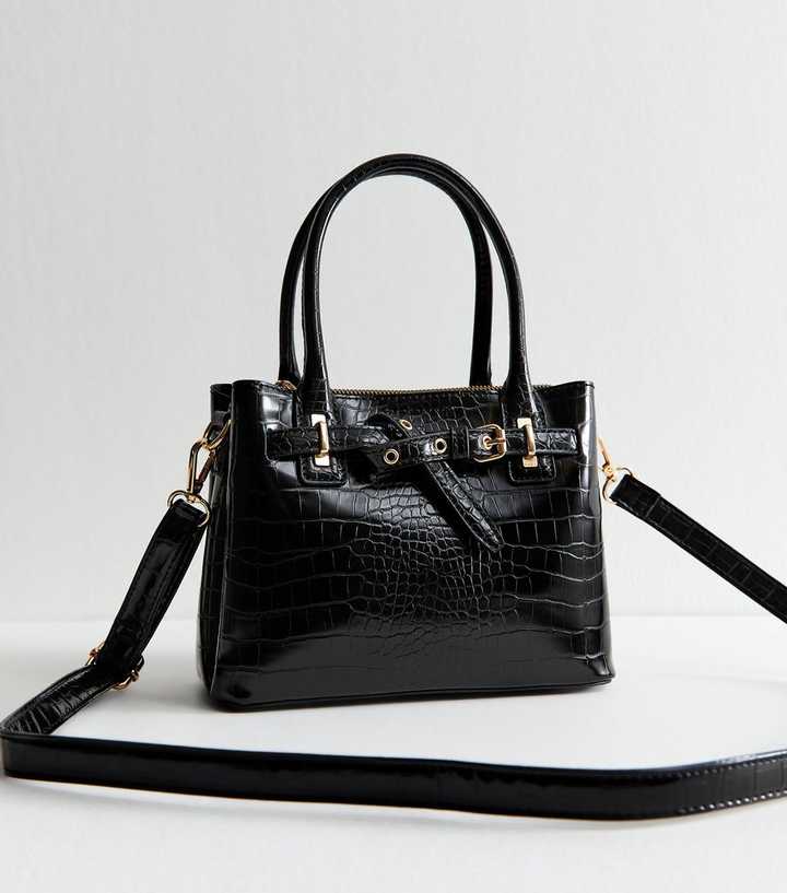 Black Patent Faux Leather Crocodile Embossed Mini Crossbody Bag